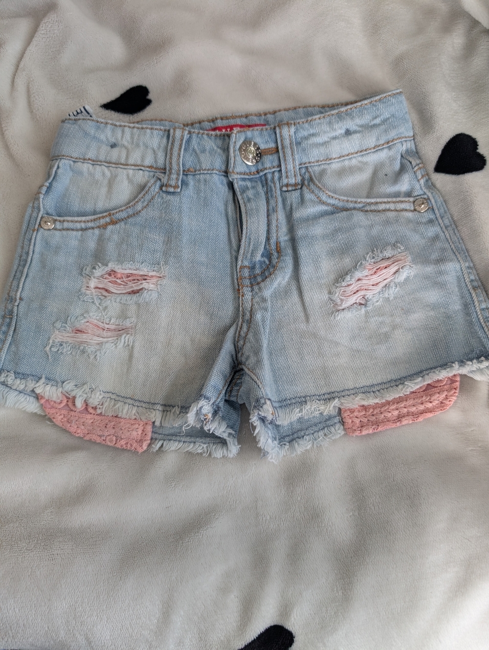 Guess Light Blue Denim Shorts with Pink Lace Accents